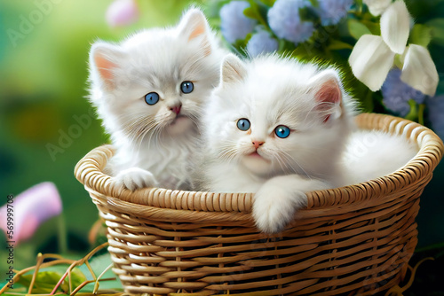 Fluffy white kittens sitting in a  wicker basket.  Generative AI. © EwaStudio