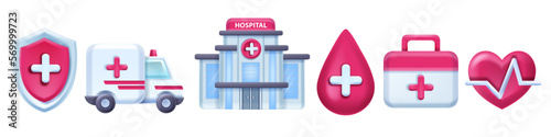 3D medic icon set, pulse line pharmacy hospital pictogram, vector ambulance car, medical heart. Emergency help concept, treatment aid case, pills, blood bag, cardio sign. 3D medical object kit