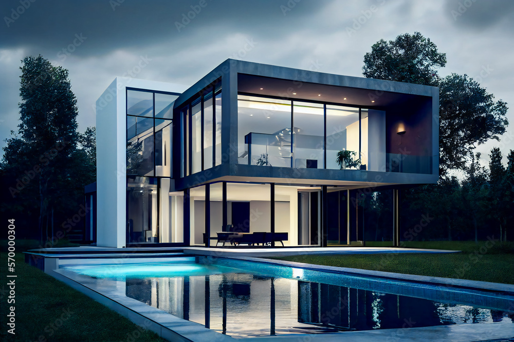 Exterior of a luxury house with swimming pool.  Modern  Villa.   Generative AI.