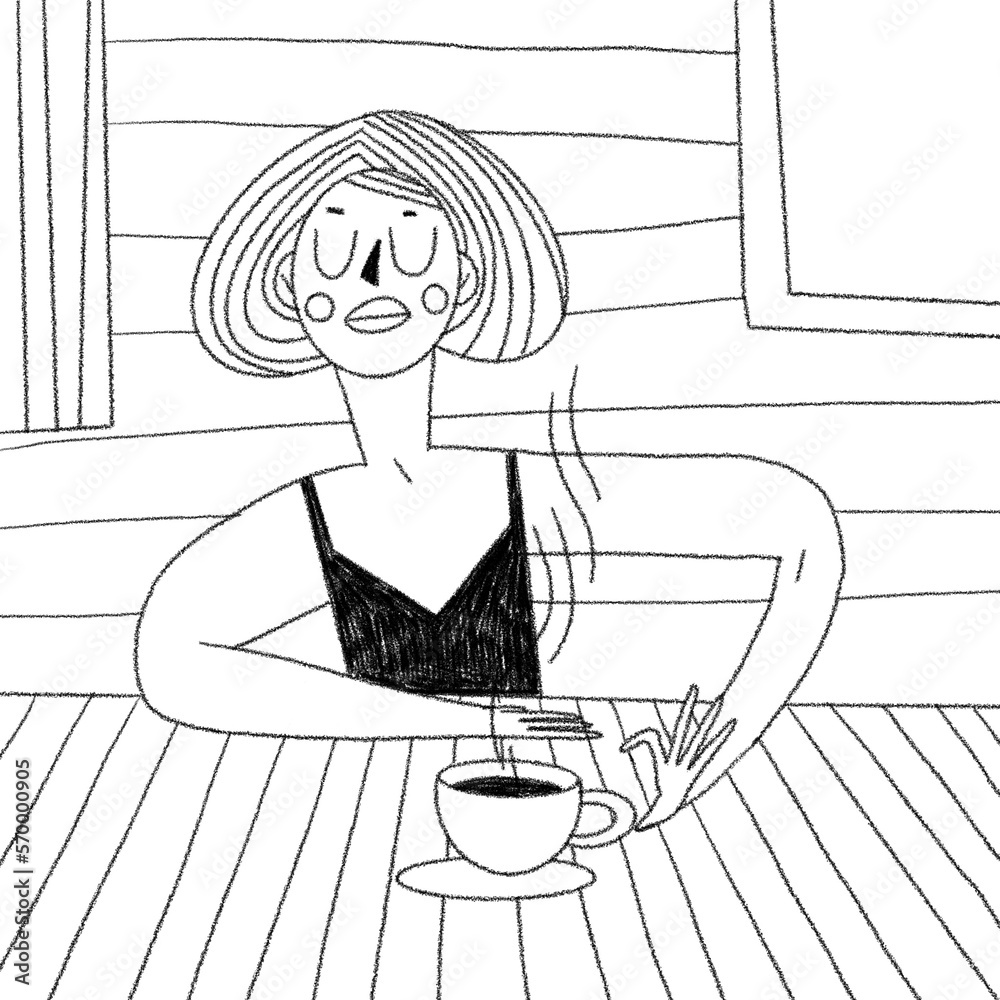 Graphic Illustration Black and White of a Woman sitting with her Coffee ...