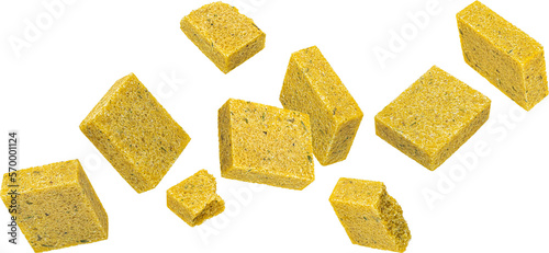 Falling bouillon cubes isolated photo