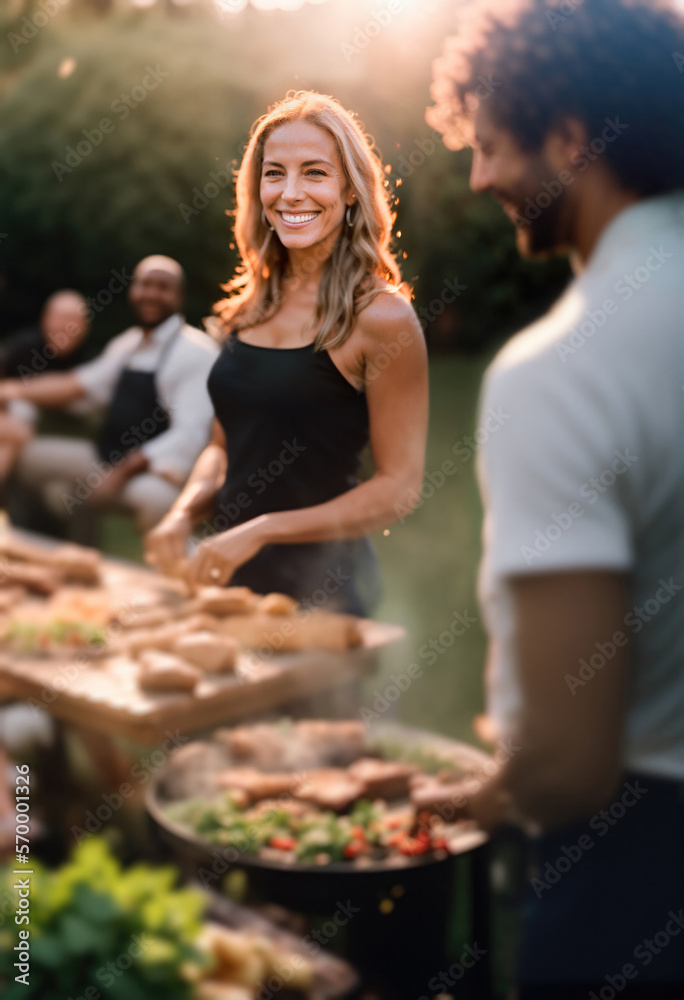 Multiethnic friends together in the garden to grill and share a picnic. Focus on a smiling woman. Generative AI