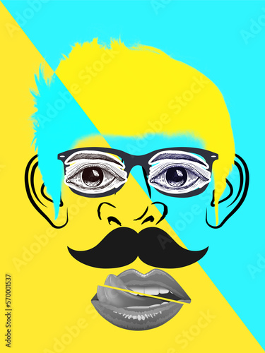 Olhares. Uma ilustração de um rosto de homem, com bigode, boca grande, usando óculos. Azul e amarelo. 