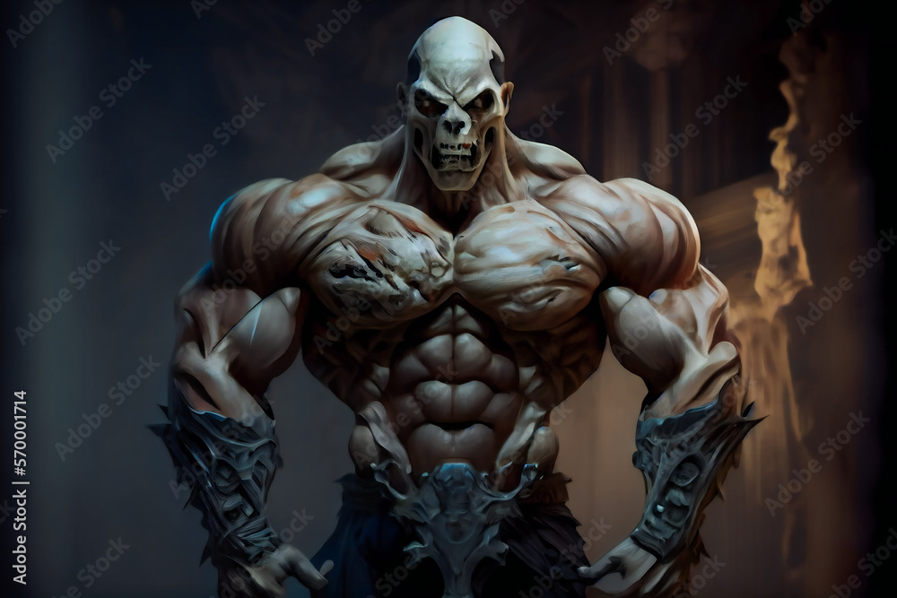 Monster with huge muscles and Skull Face.  Generative AI.