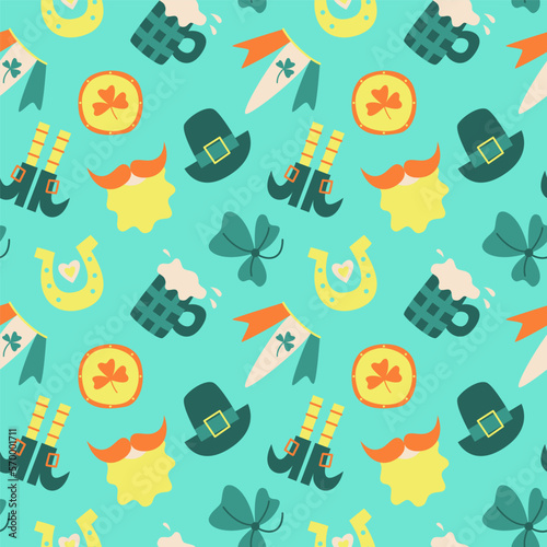 St Patrick's Day seamless doodle pattern. Celebration of Irish holiday, leprechaun clover, gold horseshoe, beer etc. Background for wrapping paper, clothes, festive decor. Trendy retro print. Vector