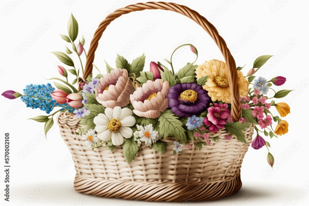 Obraz premium Wicker basket with beautiful flowers, spring festival. Generative AI