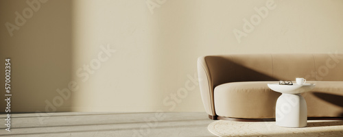 Minimalistic interior. Beige sofa with empty beige wall background with copy space. 3D Rendering, 3D Illustration