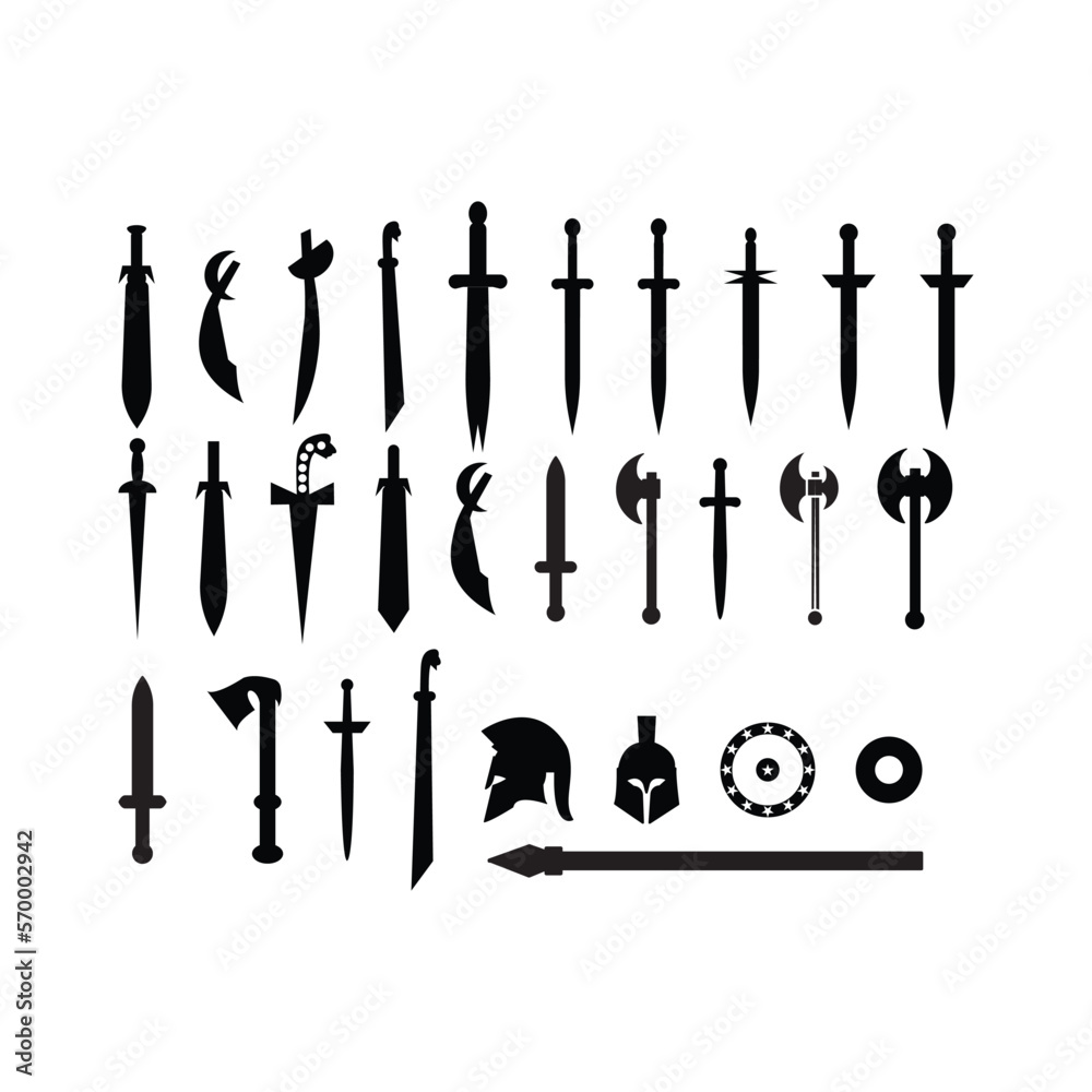 set of arms. Set of medieval weapons. Antique swords, axes, spears. Black arms on white background. Vector isolated elements.