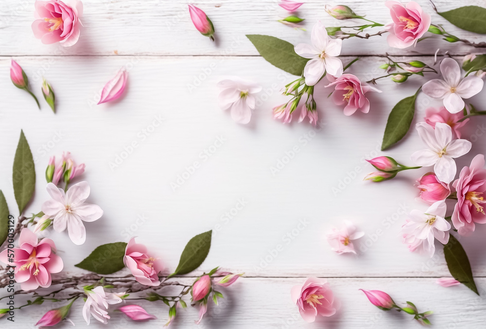 Spring flowers. Pink flowers on white wooden background 