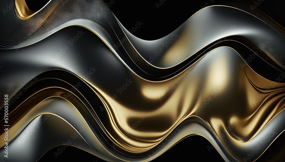 a black and gold abstract background with wavy lines and curves in the ...