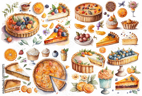 Watercolor illustration of a baked goods collection on white background - AI generative