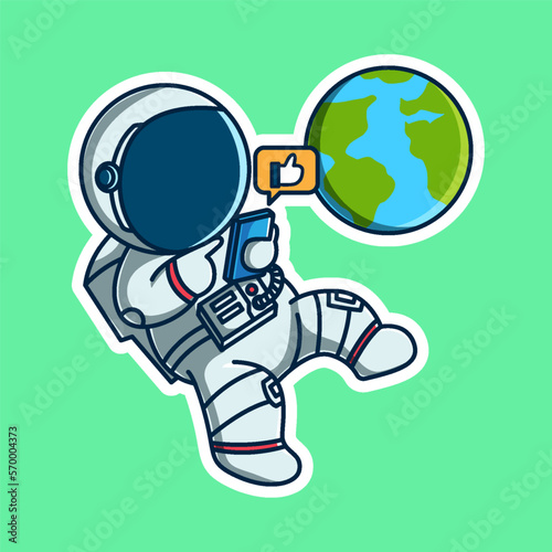 cute astronaut playing phone on space