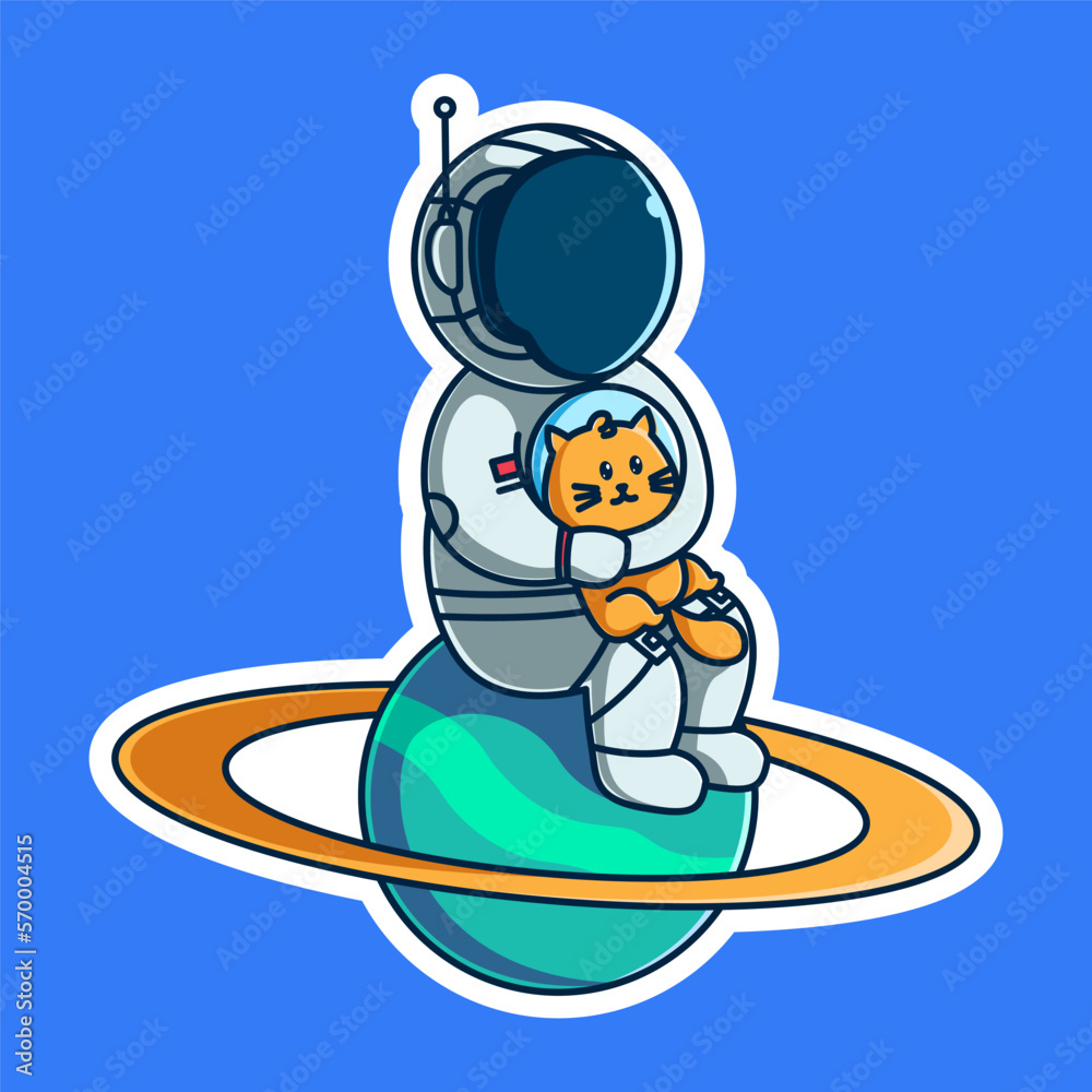 Naklejka premium cute astronaut sit on planet with cat