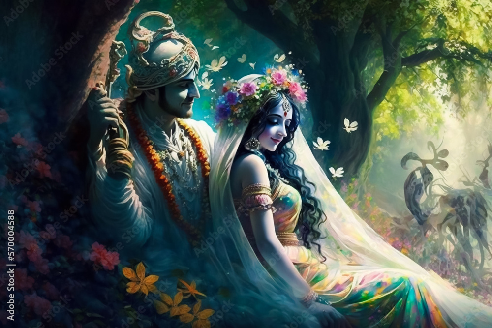 The Love of Radha and Krishna in a Magical Realm. Generative AI Stock