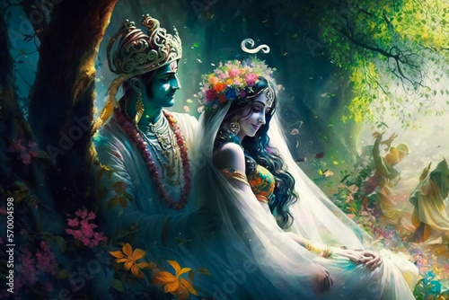 The Love of Radha and Krishna in a Magical Realm. Generative AI photo