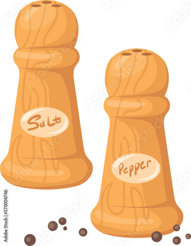 Salt and pepper cartoon icon. Wooden spice shakers