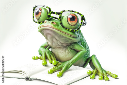 A green frog with glasses, intelligent and studious reading a book. Perfect image for the illustration of an intellectual character on a white background. Generative AI © XaMaps