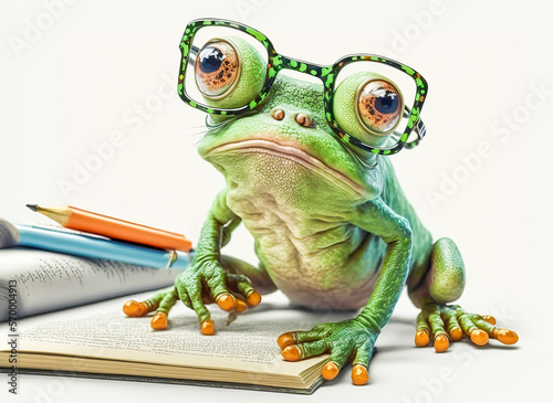 A green frog with glasses, with a smart expression, reading a book. Ideal for illustrating mascots and other designs with a white background. Generative AI photo