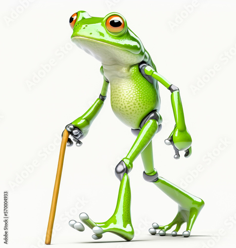 A little green frog moves like a human with a cane  creating a touching and interesting image for those looking for an original image. Generative AI