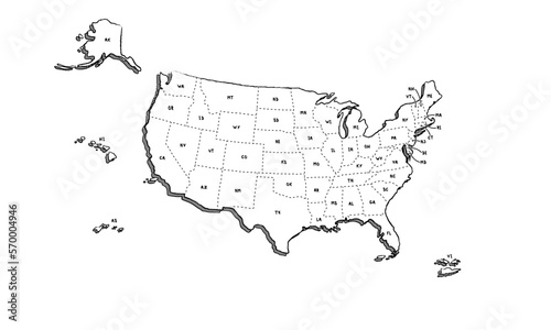 Vector hand drawn map of the US. USA black and white illustrated map. Full vector global color swatch different layer for ease of use