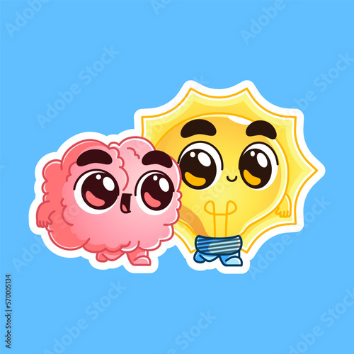 cute brain walking together with bulb lamp