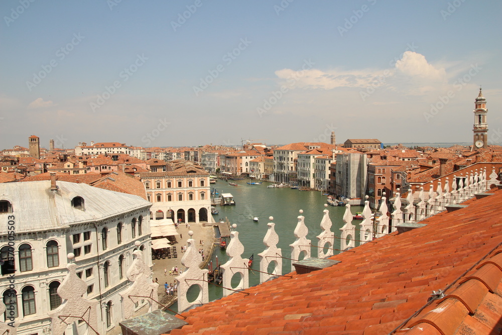 Top view of Grand canal from roof of Fondaco dei Tedeschi. Venice. Italy stock photo. Travel destination in Europe