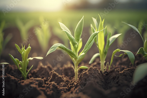 Springtime corn field with fresh, green sprouts in soft focus - AI generative
