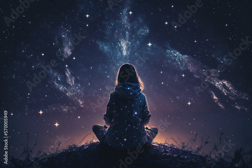 Woman meditating in front of night sky, symbolizing harmony and connectedness with the universe - AI generated