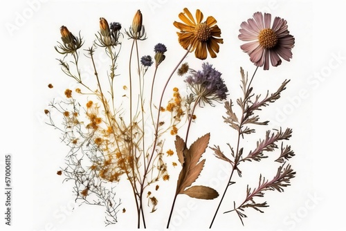Dry Pressed Wild Flowers Isolated on White Background, Collection of Natural Elements, Made in Part With Generative AI 