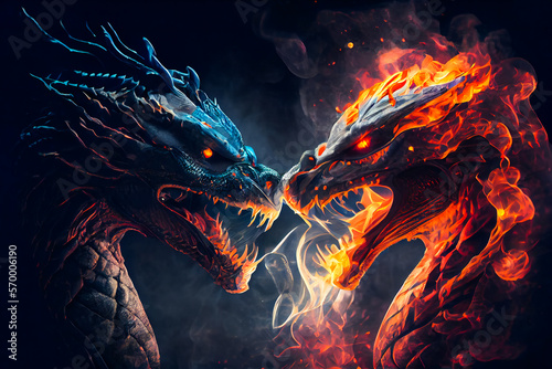 Two fire breathing dragons. Dragons fighting. Generative AI.