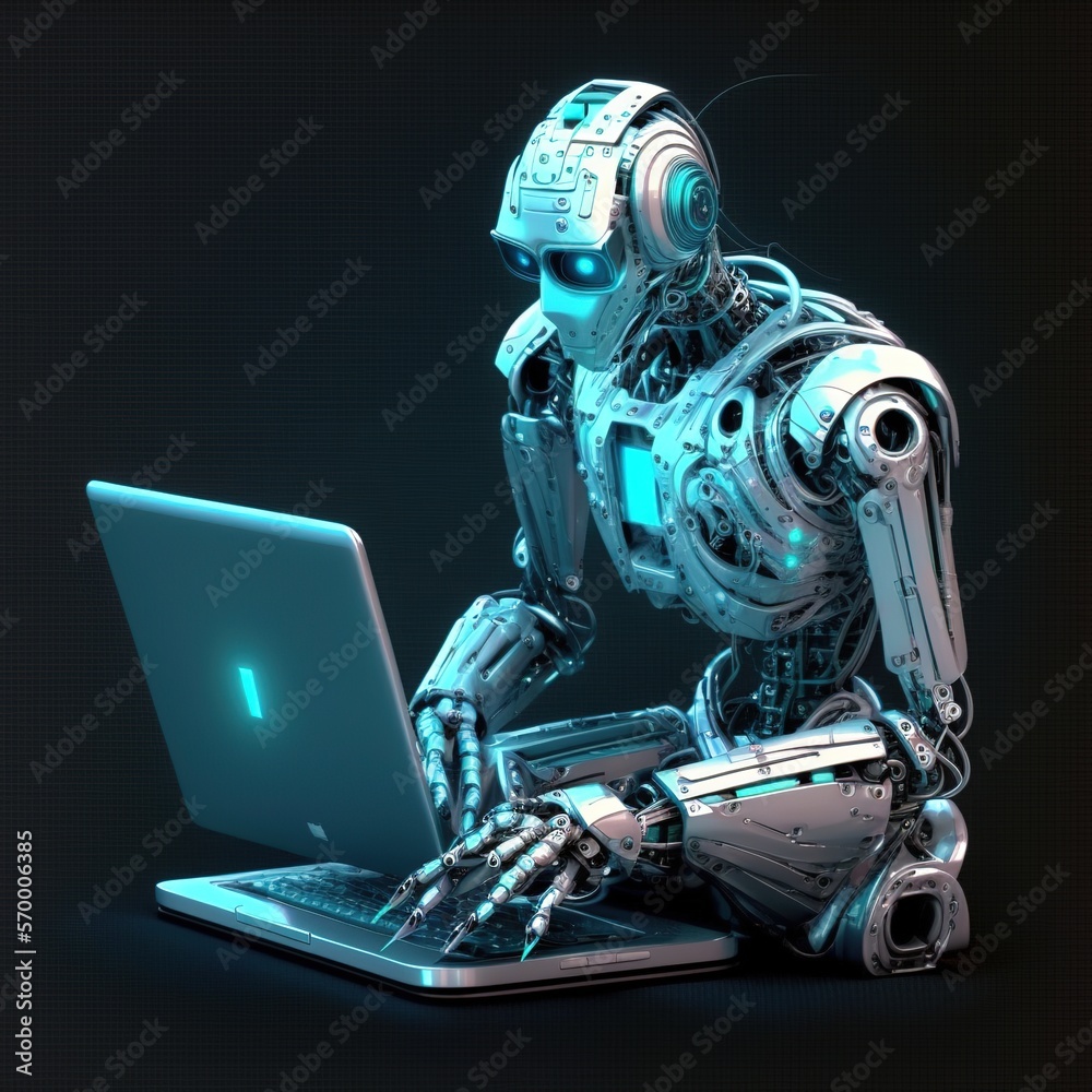 Artificial Intelligence and AI Learning. Robot in the future using a laptop to code or develop a business, generative ai Artificial Intelligence and AI Learning. Robot in the future using a laptop to code or develop a business, generative ai