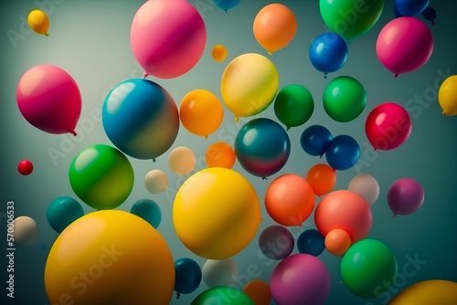 bright colorful balloons flying in front of light blue background, generative ai