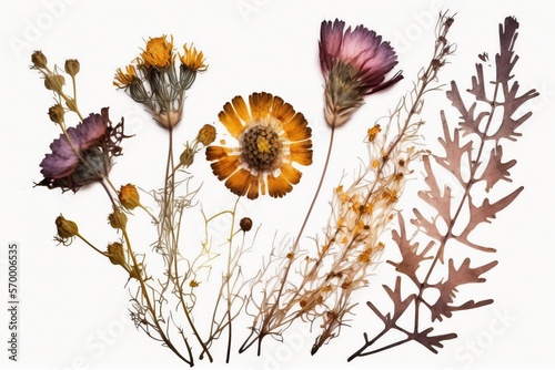 Dry Pressed Wild Flowers Isolated on White Background, Collection of Natural Elements, Made in Part With Generative AI 