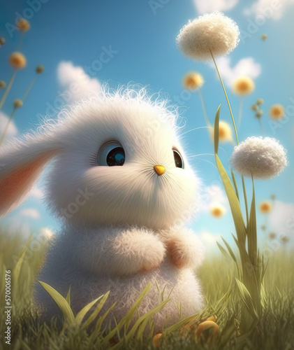 Adorable white bunny smiling to the spring, white blooming flowers and a blue sky brings good mood and Easter. Generative AI.