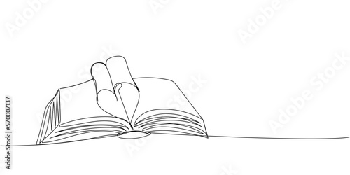 Open big book, heart-shaped pages, love story one line art. Continuous line drawing of book, library, education, school, study, literature, paper, textbook, knowledge, read, learn, page, reading.