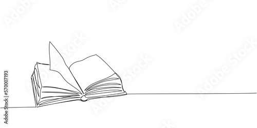 Big open book Y shaped one line art. Continuous line drawing of book, library, education, school, study, literature, paper, textbook, knowledge, read, learn, page, reading.