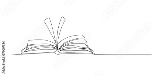 Open book Y shaped one line art. Continuous line drawing of book, library, education, school, study, literature, paper, textbook, knowledge, read, learn, page, reading.