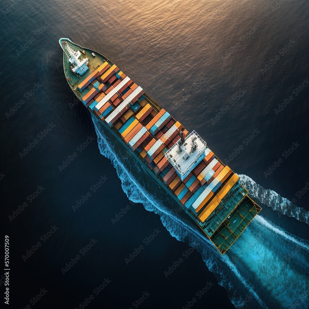 Aerial drone photo of huge container tanker ship carrying truck size colourful containers in deep blue open ocean sea, generative AI