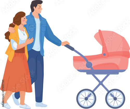 Young parents pushing baby carryiage. Happy couple