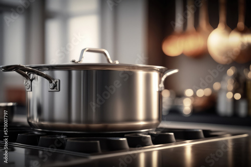 metallic shiny saucepan on the stove on the background of a blurred image of the kitchen. Generative AI. 