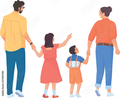Family walking rear view. Parents and kids together