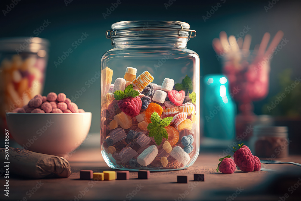 sweets in a glass jar on a wooden table against the background of a blur image of the kitchen. Generative AI. sweets in a glass jar on a wooden table against the background of a blur image of the kitchen. Generative AI.