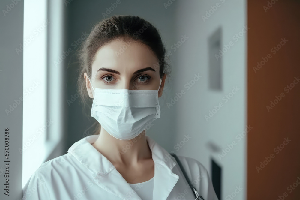 a young woman doctor in a medical mask in the corridor of the clinic looks into the camera. Generative AI a young woman doctor in a medical mask in the corridor of the clinic looks into the camera. Generative AI