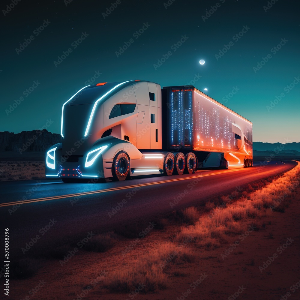 Concept for Future Technology: Nighttime Road Driving by Autonomous Semi-Truck with Cargo Trailer, generative ai