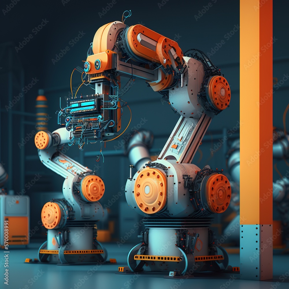 Robotic arms working at the futuristic factory ,industrial welding robots, generative ai