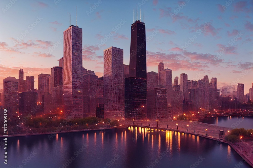 Panorama cityscape of Chicago downtown and Riverwalk, boardwalk with