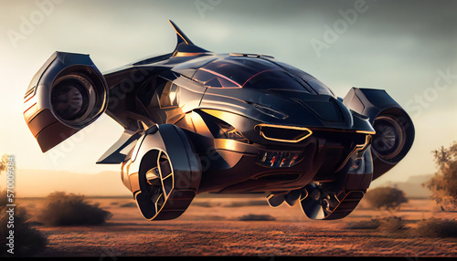 A model of a flying car in the air of the future. Generative AI. © EwaStudio