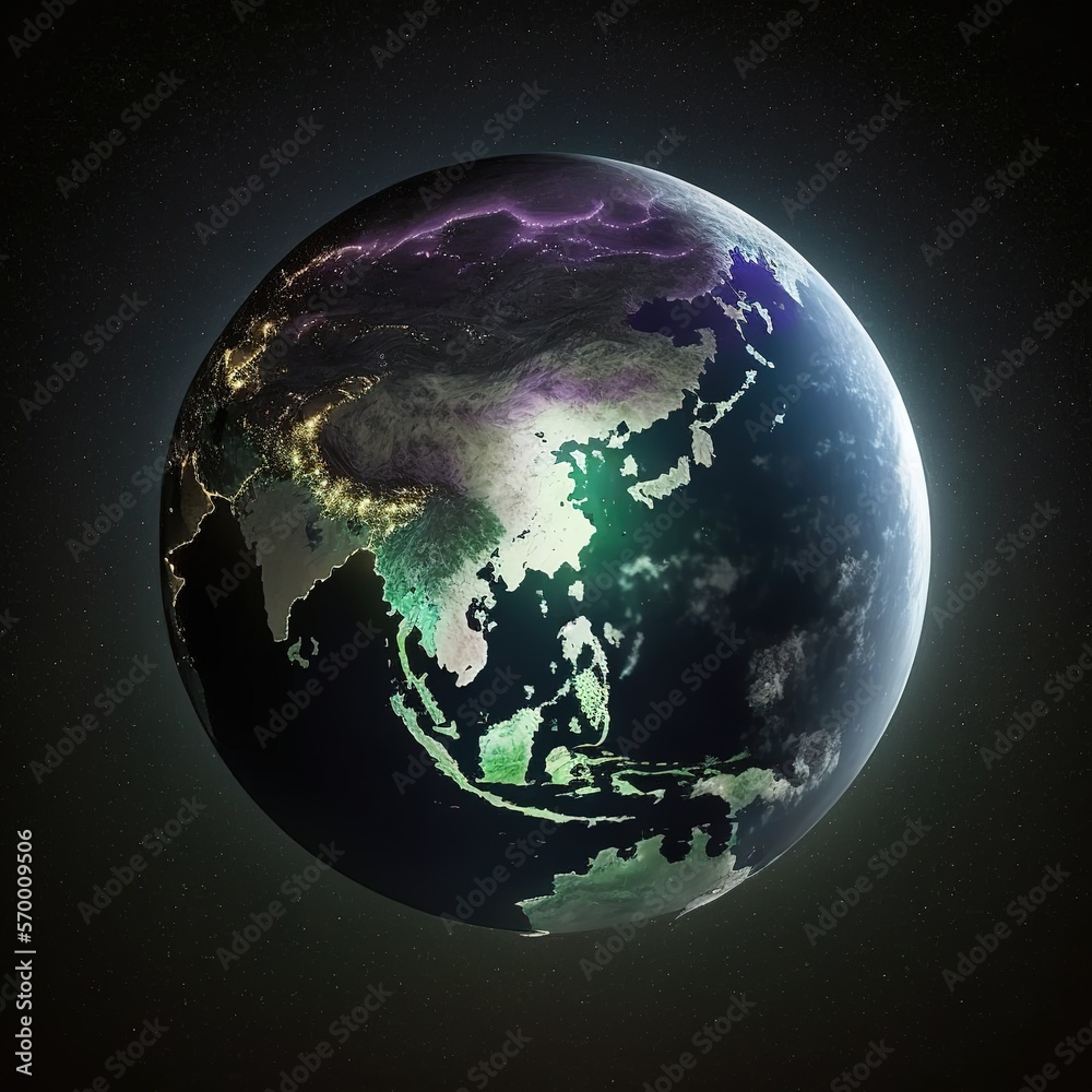 Obraz premium At night, city lights from space depict human activity on Earth, including in China, Japan, South Korea, Hong Kong, Taiwan, and other nations, generative ai