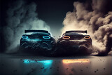 sport cars drifting with smoke tyres split into each other. Cars drifting with smoke tyres. Motorsport competition. High quality illustration, Ai generated illustration.