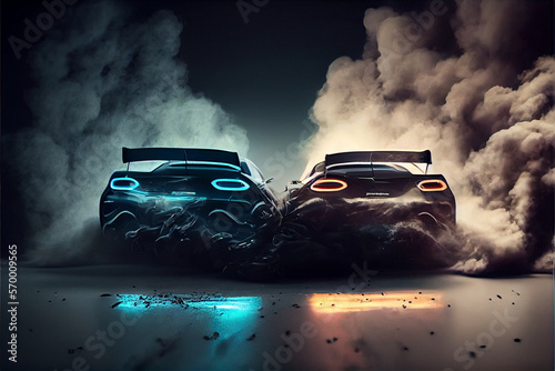 sport cars drifting with smoke tyres split into each other. Cars drifting with smoke tyres. Motorsport competition. High quality illustration, Ai generated illustration.